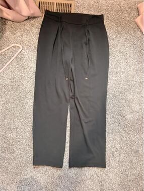 Anne Klein Black Pull On Dress Pants Elastic Waist Tie Front Tapered Workwear